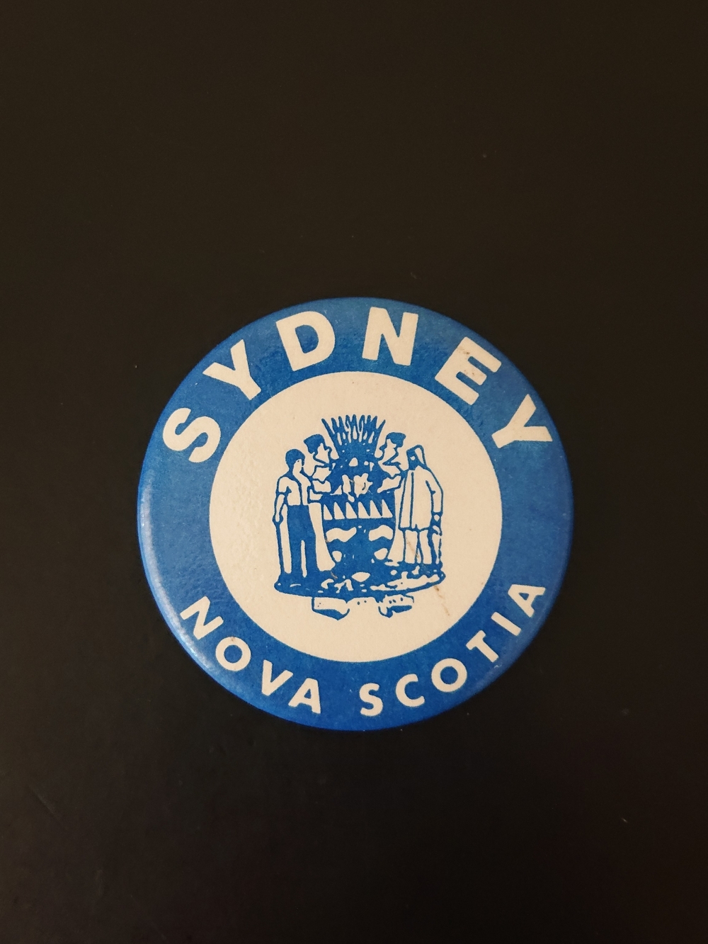 Vintage 2" Round Pin Button - Sydney, Nova Scotia - Blue White Crest